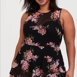 Torrid Black Floral Mesh Underwire One-Piece Swim Dress